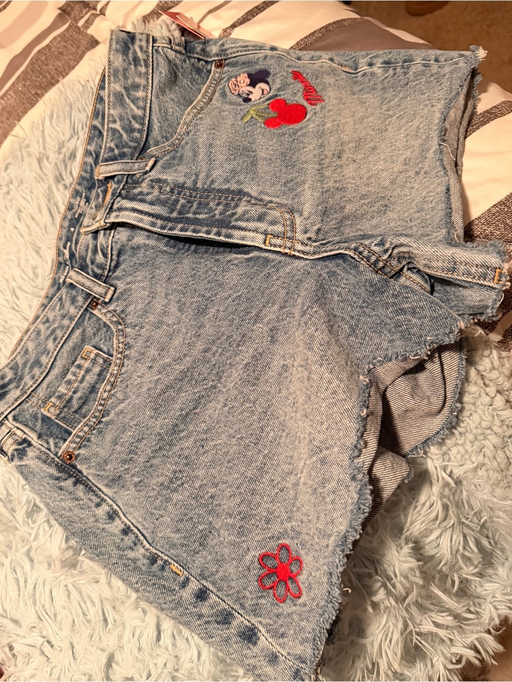 Old Navy Light Blue High-Rise Denim Shorts with Red Embroidery